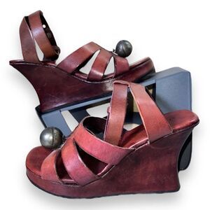 J. P. and Mattie Brown Leather Wedge Strappy Sandals Women's 6